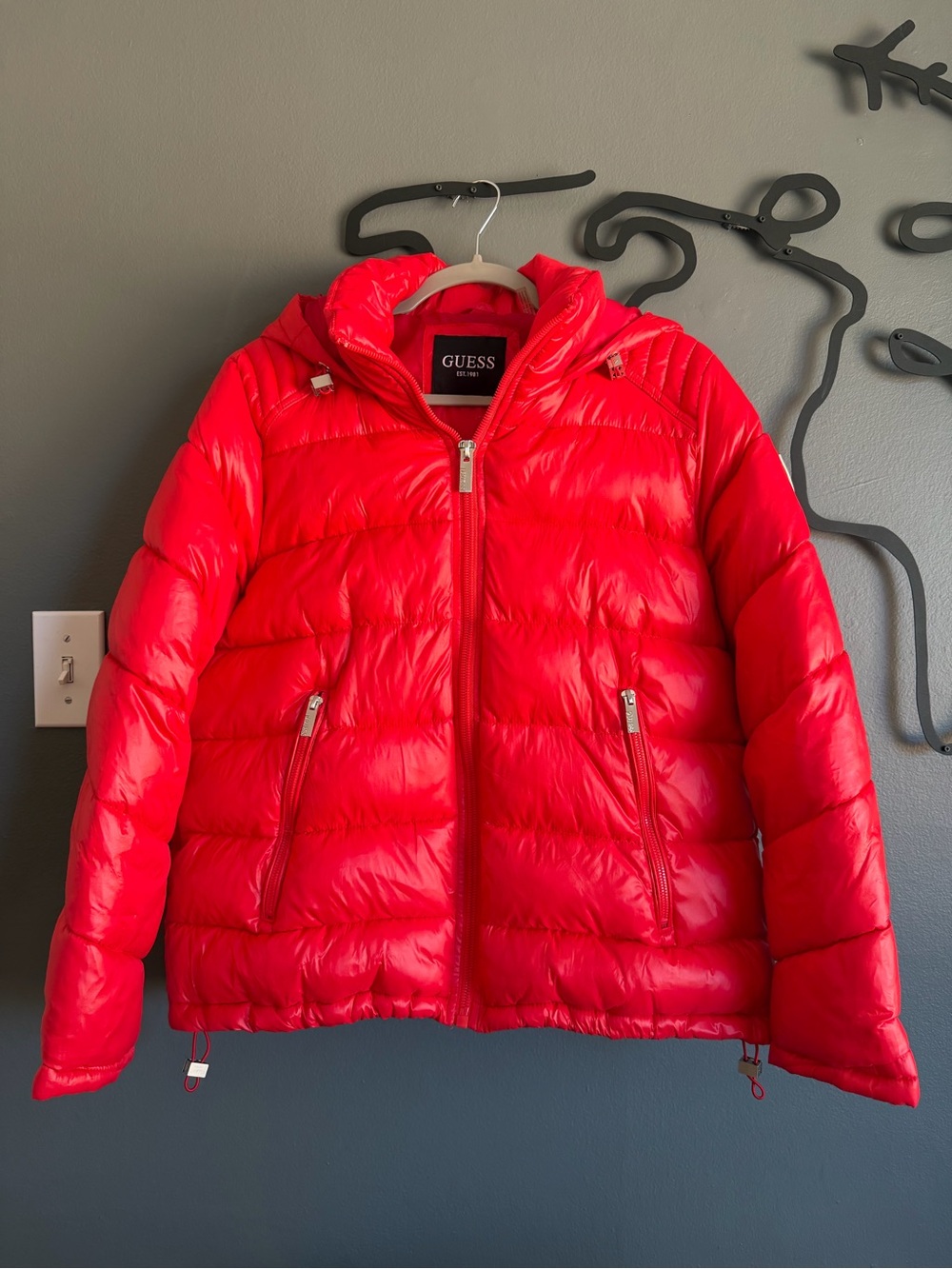 GUESS Bright Red Quilted Hooded Puffer Jacket Coat Womens Size XL